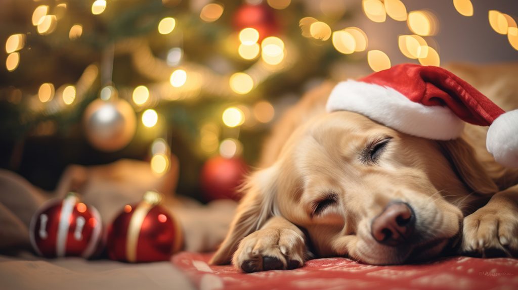 dog sleeping under Christmas tree