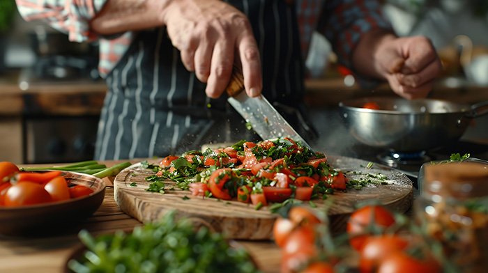 cooking tomatoes and herbs in kitchen