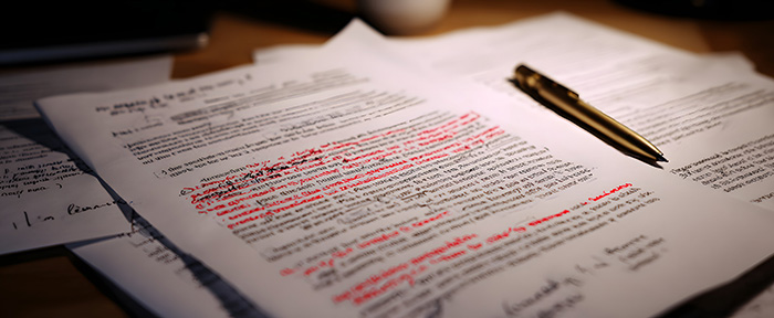 revision on paper with red type and handwritten notes
