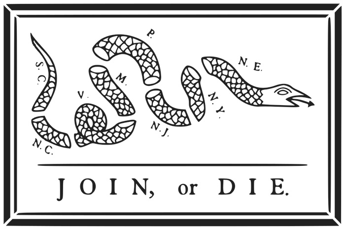 Join or die, earliest American political cartoon, by Benjamin Franklin