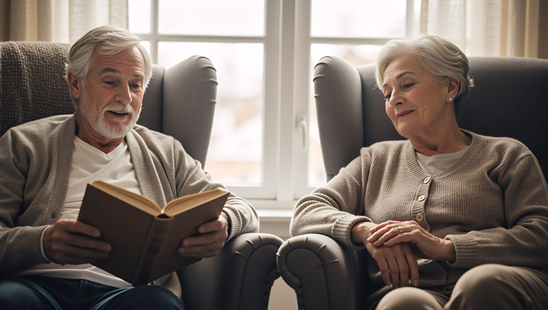 seniors reading aloud at home