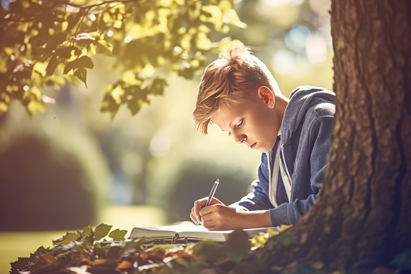 teen writing in the sunlight under a summer tree