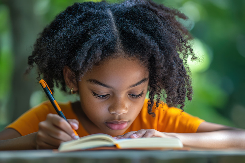 Young girl writing with pencil in hand staring intently at her journal